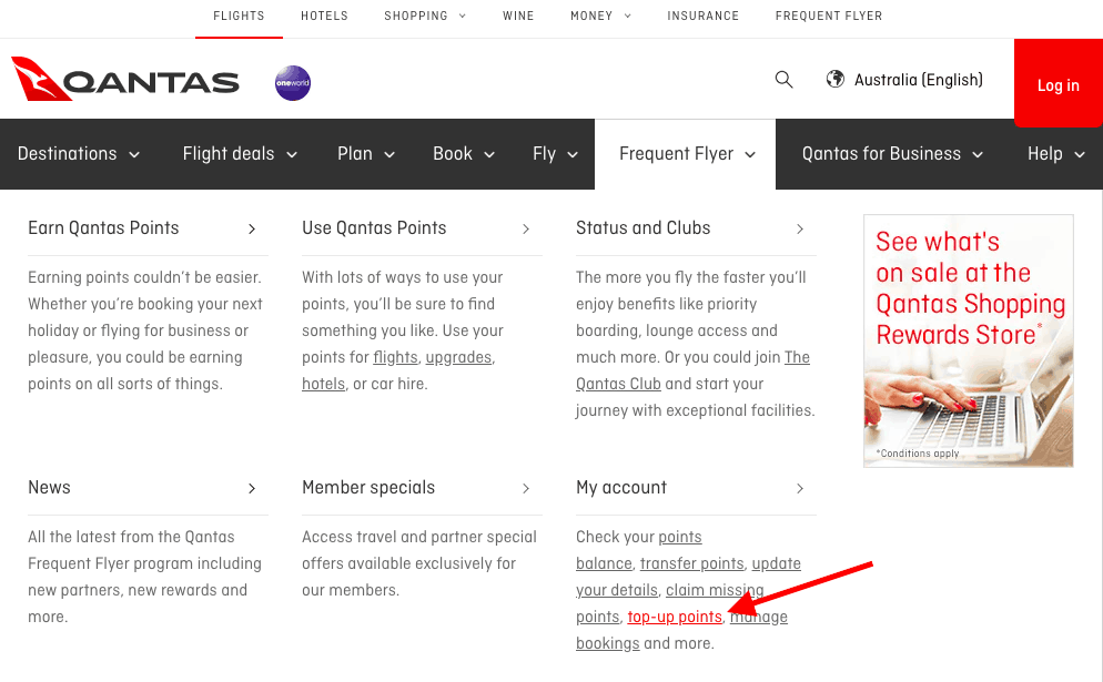 Navigate in the menu to the top-up points page on the Qantas website