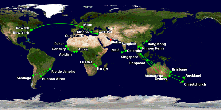 Emirates fifth-freedom routes (as of July 2019)