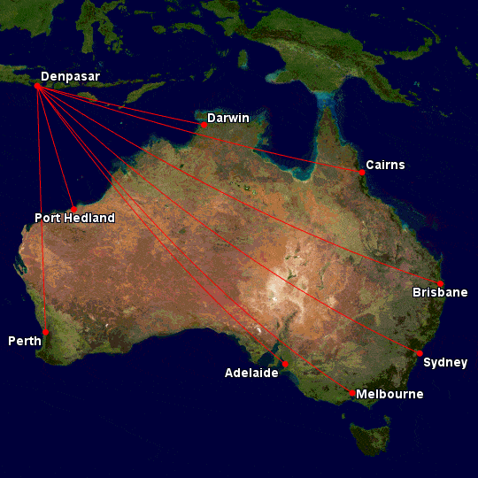Routes served from Australia to Denpasar/Bali