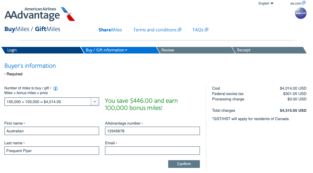 American Airlines website screenshot