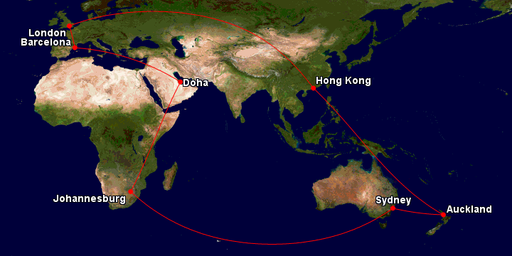 Sample Asia Miles itinerary via Auckland, Hong Kong, London, Barcelona, Doha, Johannesburg and Sydney