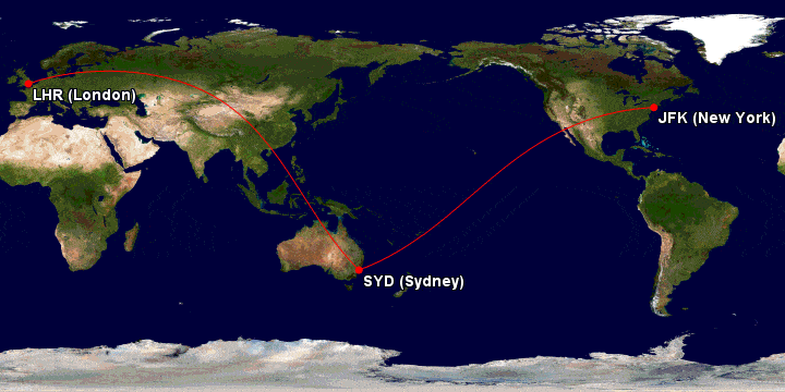 Great circle routes from Sydney to London and New York