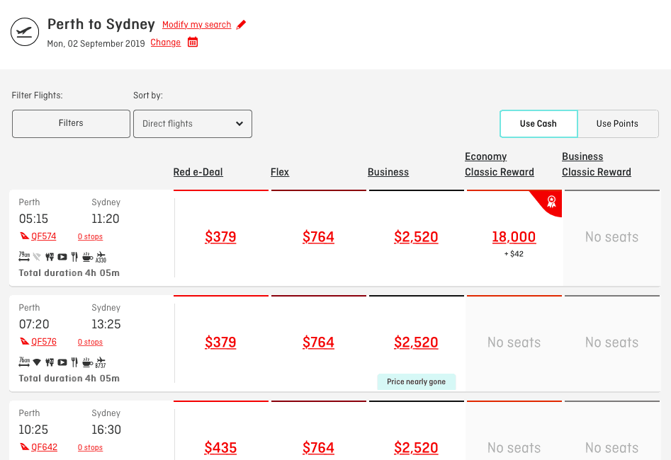 Qantas fare prices from Perth to Sydney