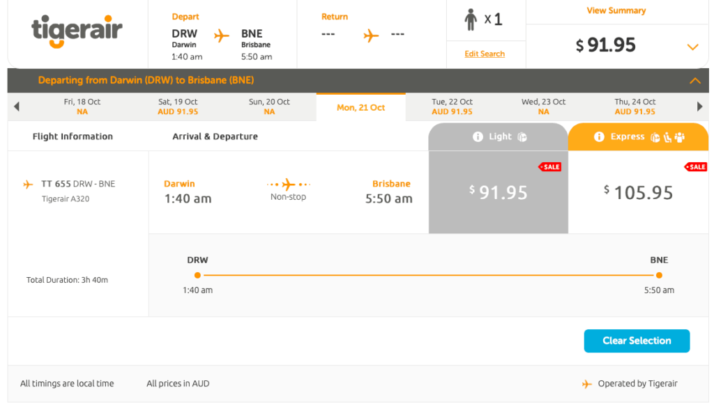Tigerair fare from Darwin to Brisbane