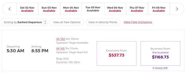 Virgin Australia fares from Perth to Auckland