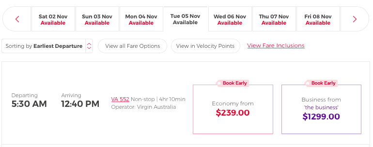 Virgin Australia fares from Perth to Sydney