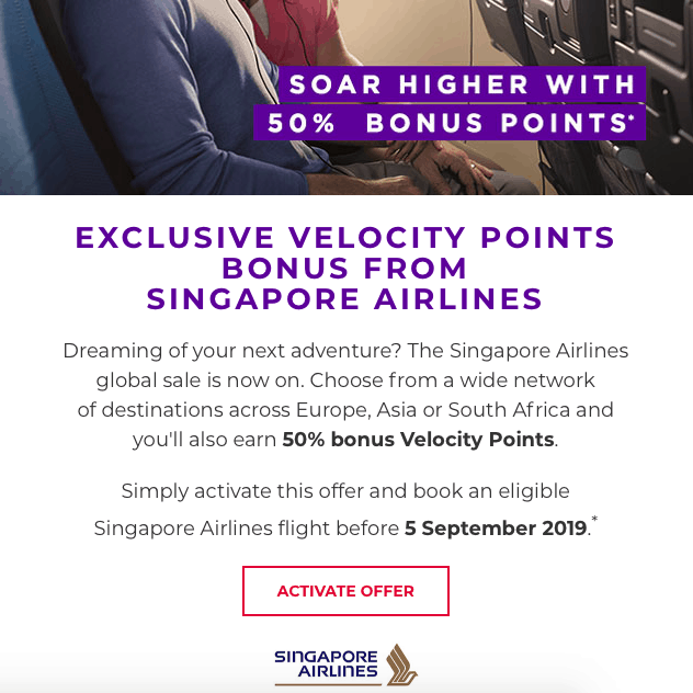 Targeted promotional email from Velocity Frequent Flyer
