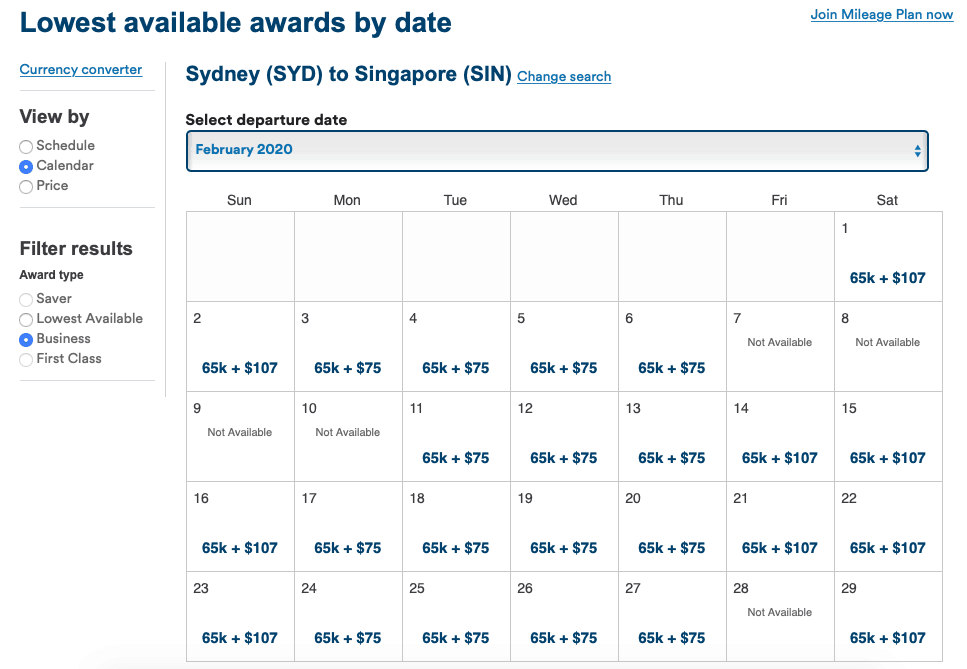 Alaska Airlines award availability calendar