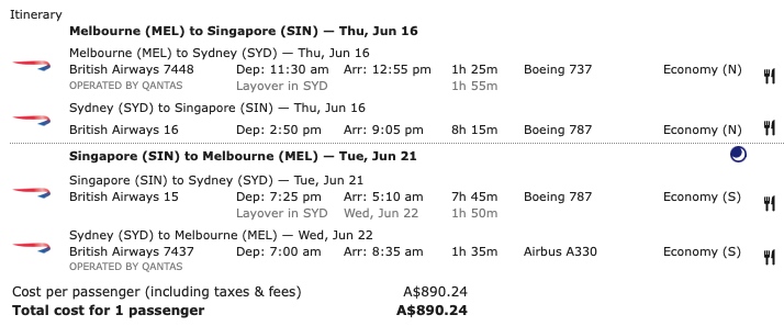 Sample British Airways itinerary from Melbourne to Singapore via Sydney