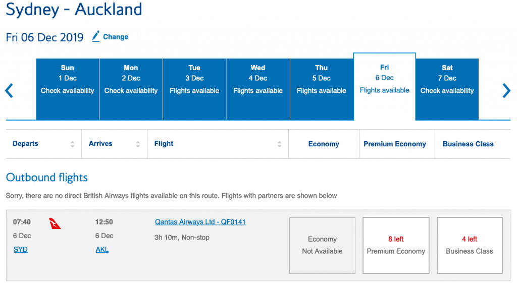 Award availability on the British Airways website