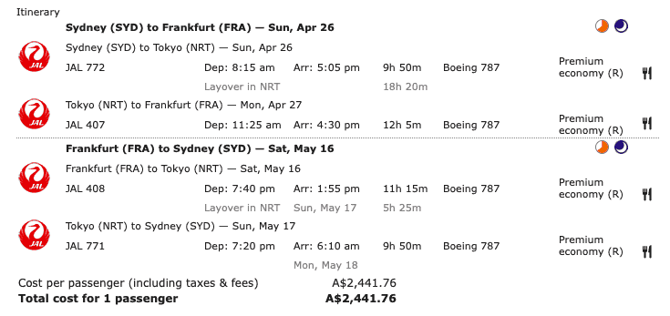 Japan Airlines fare Sydney to Frankfurt