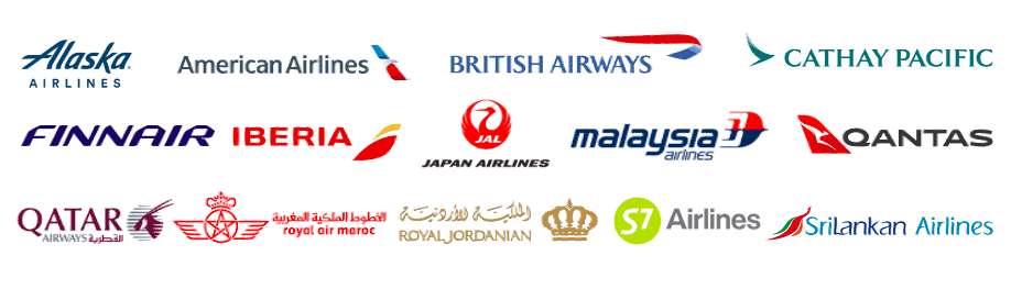Oneworld airlines in 2021: Alaska Airlines, American Airlines, British Airways, Cathay Pacific, Finnair, Iberia, Japan Airlines, Malaysia Airlines, Qantas, Qatar Airways, Royal Air Maroc, Royal Jordanian, S7 Airlines & SriLankan Airlines.