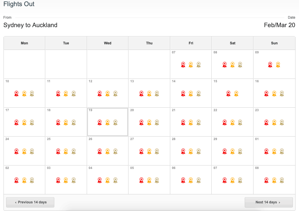Award availability calendar on the Qantas website
