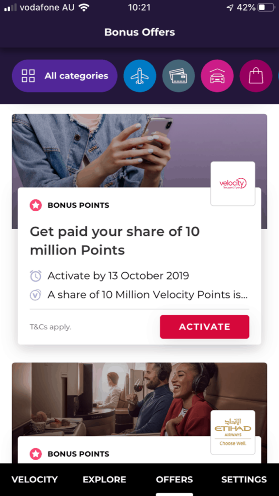 Activate the Bonus Points offer in the Velocity App