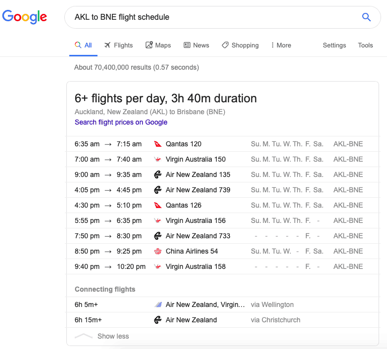 Google search results of "AKL to BNE flight schedule"