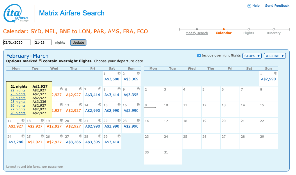 Flight results calendar