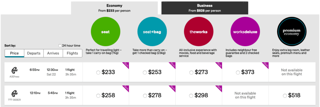 Air New Zealand fare options on the Melbourne-Auckland route