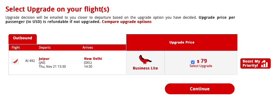 Optiontown upgrade offer on Air India