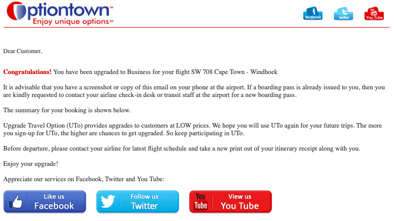 Optiontown upgrade confirmation email