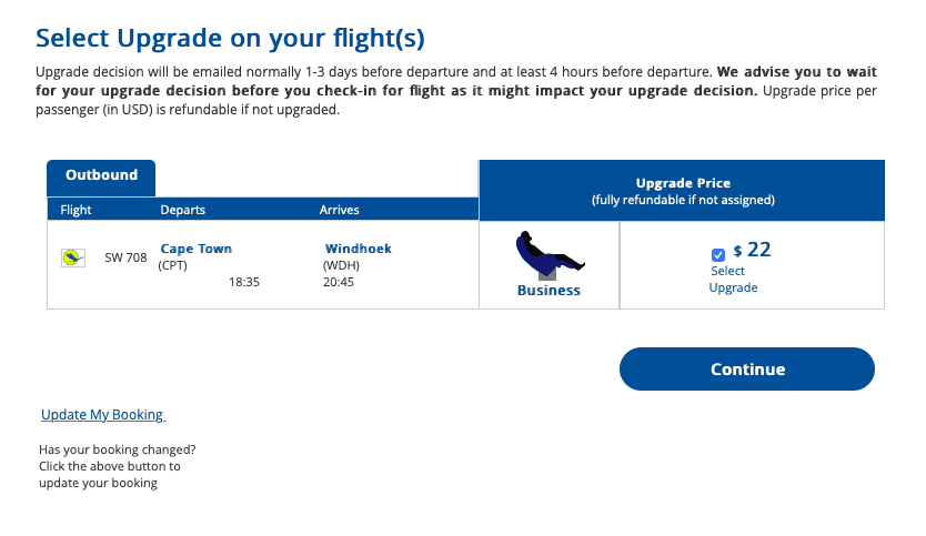 Optiontown upgrade offer on Air Namibia