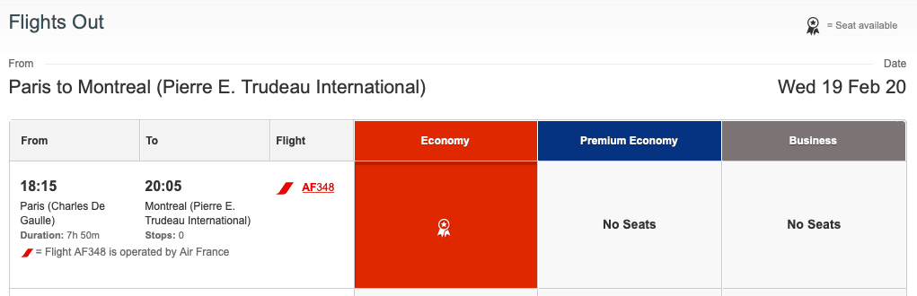 Air France award showing on the Qantas website