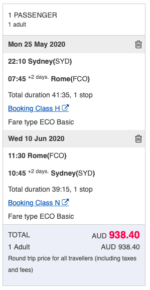 China Airlines Economy class deal from Sydney to Rome