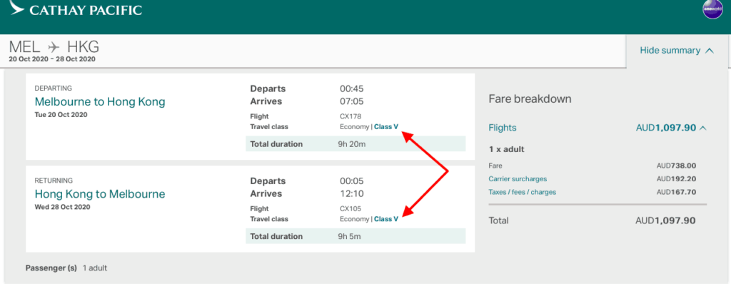 Screenshot from Cathay Pacific website