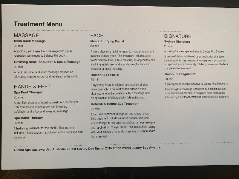 Aurora Spa treatment menu