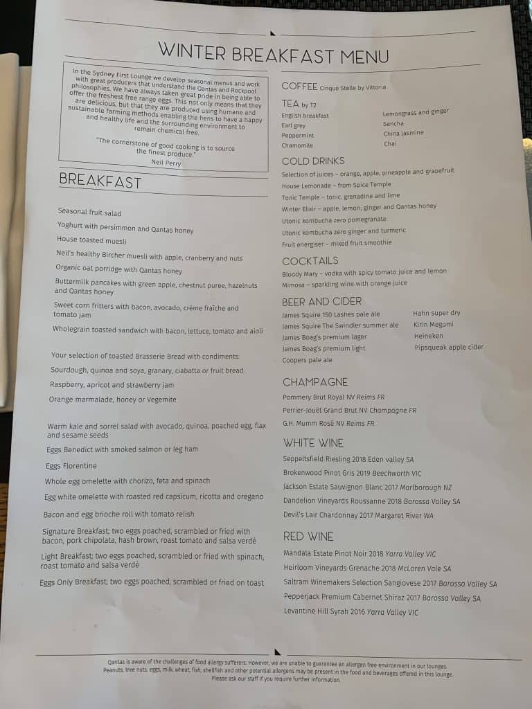 Qantas First Lounge breakfast menu