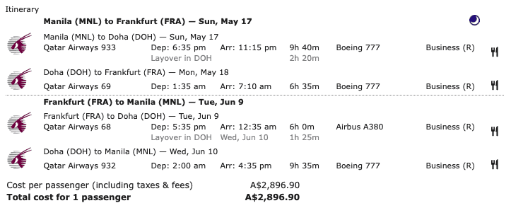 Qatar Airways sale fare itinerary from Manila to Frankfurt