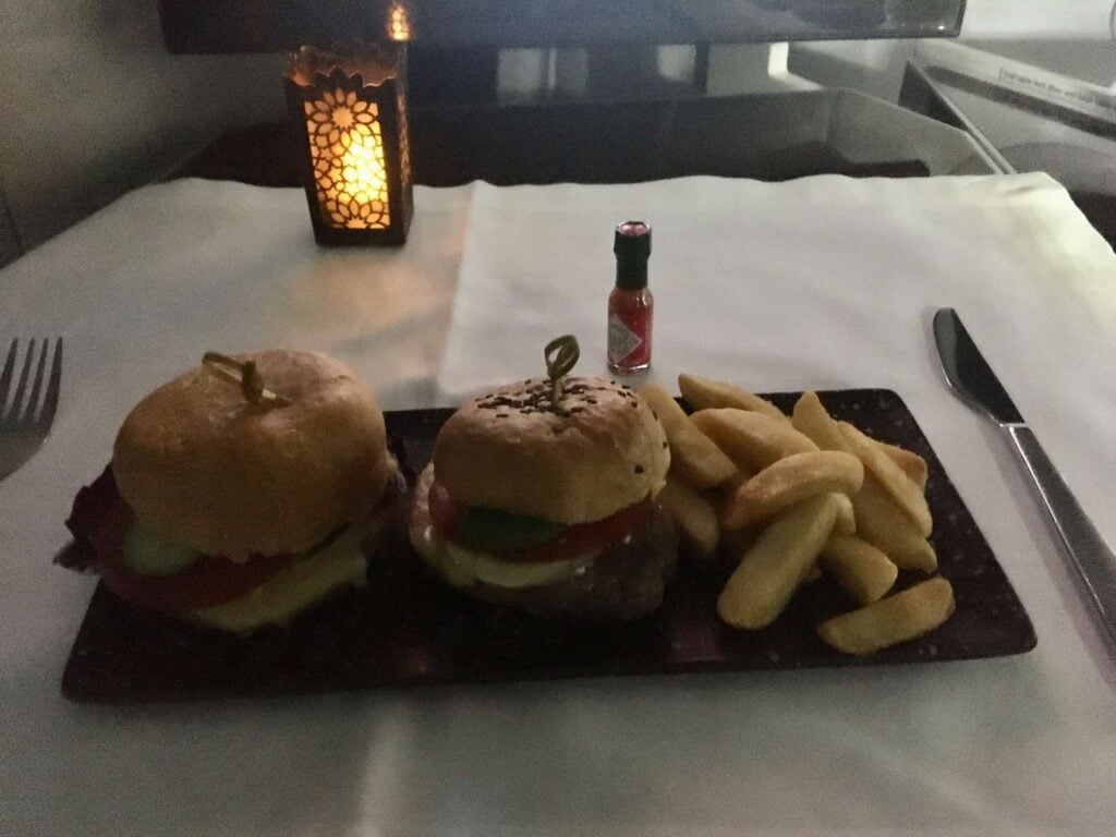 "Mini sliders" - beef, salmon and prawn burgers with chunky chips