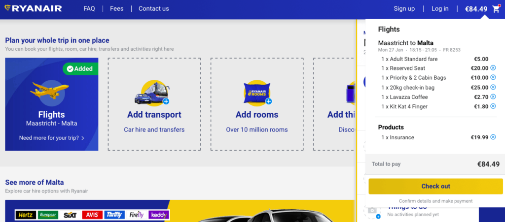 Ryanair website screenshot