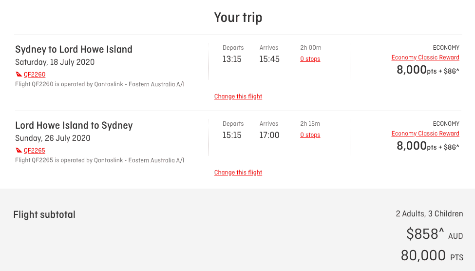 QantasLink award availability from Sydney to Lord Howe Island on the Qantas website