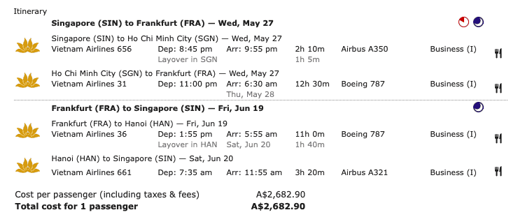 Vietnam Airlines Business fare from Singapore to Frankfurt