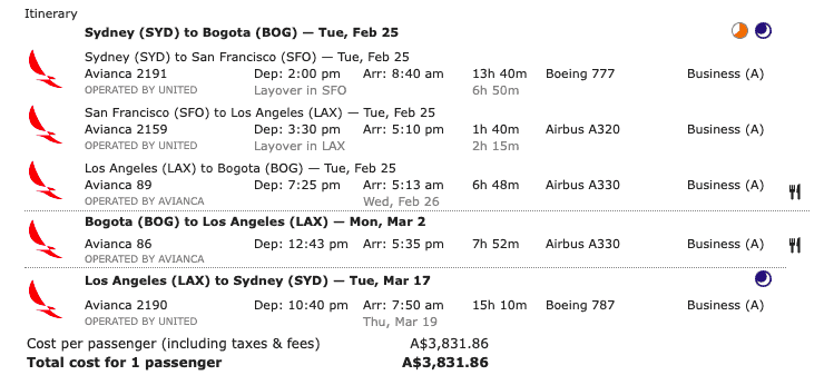 Sample Sydney-Bogota itinerary from ITA Matrix