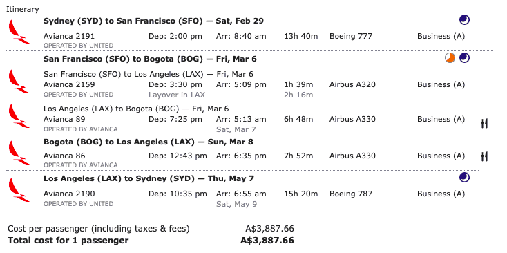 Sample Sydney-Bogota itinerary from ITA Matrix