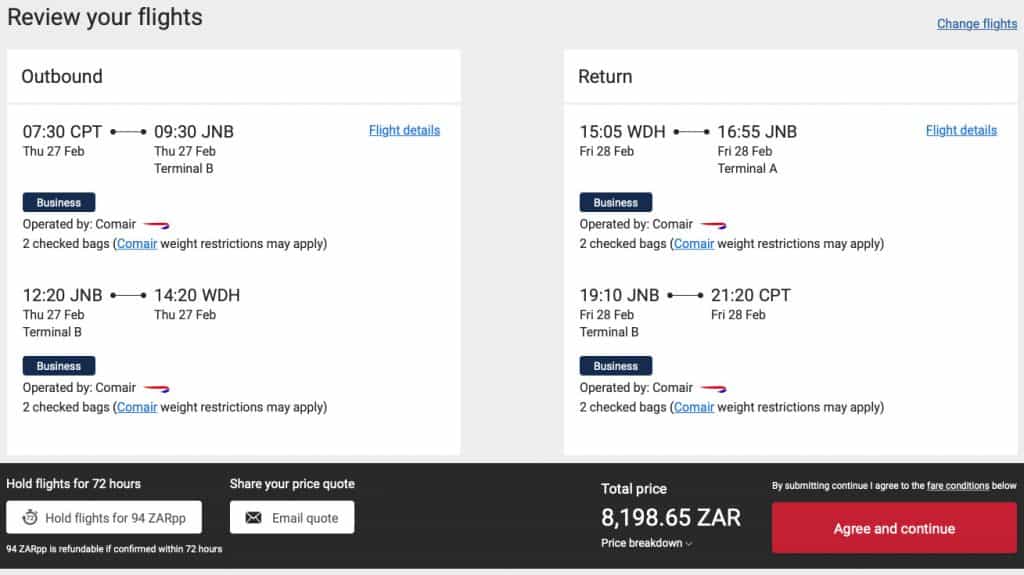 Example of a British Airways Business class fare from Cape Town to Windhoek (price in ZAR)