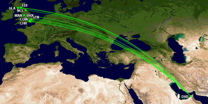 Emirates routes to the United Kingdom