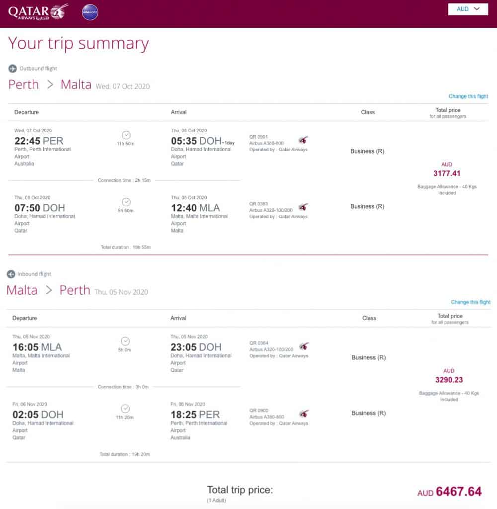 Qatar Airways website screenshot