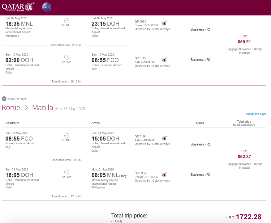 Qatar Airways website screenshot