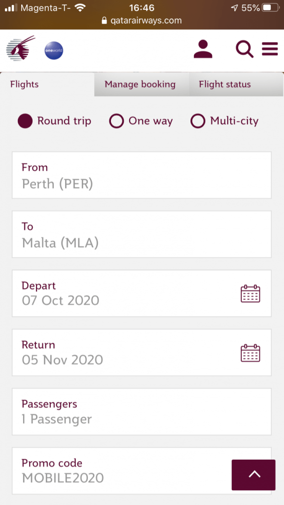 Qatar Airways mobile website screenshot