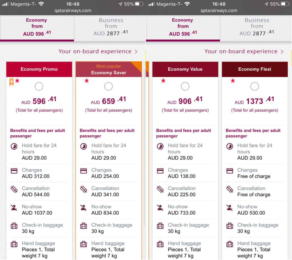 Qatar Airways mobile website screenshot