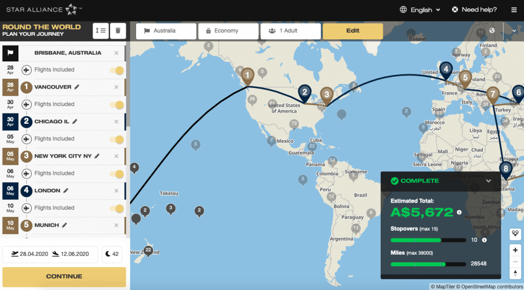 Star Alliance round-the-world booking tool
