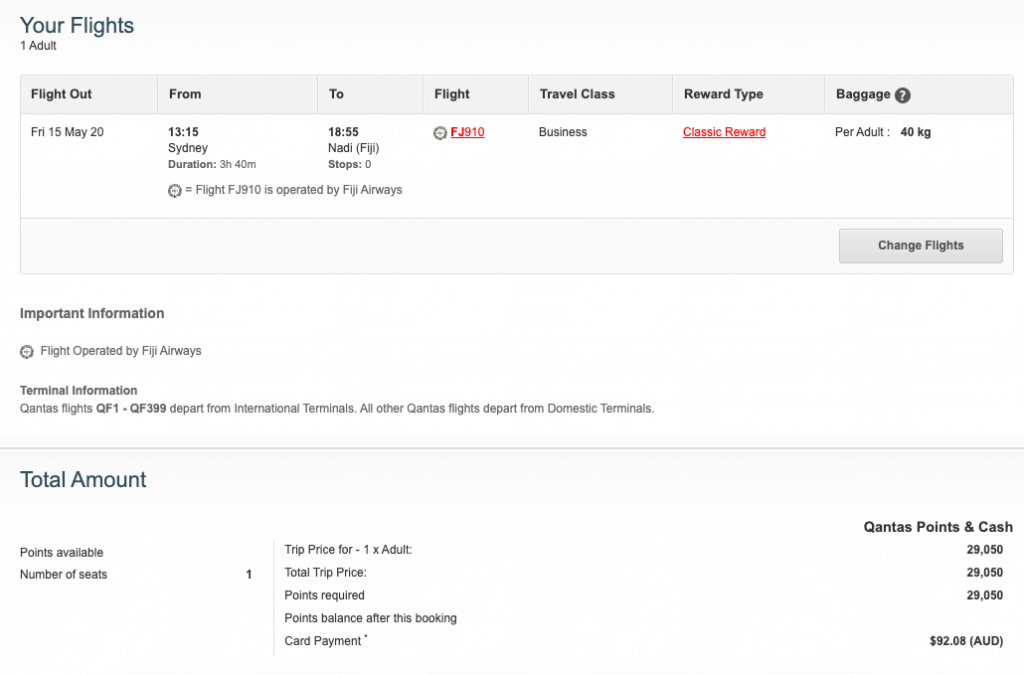 Example of a Fiji Airways reward booking on the Qantas website