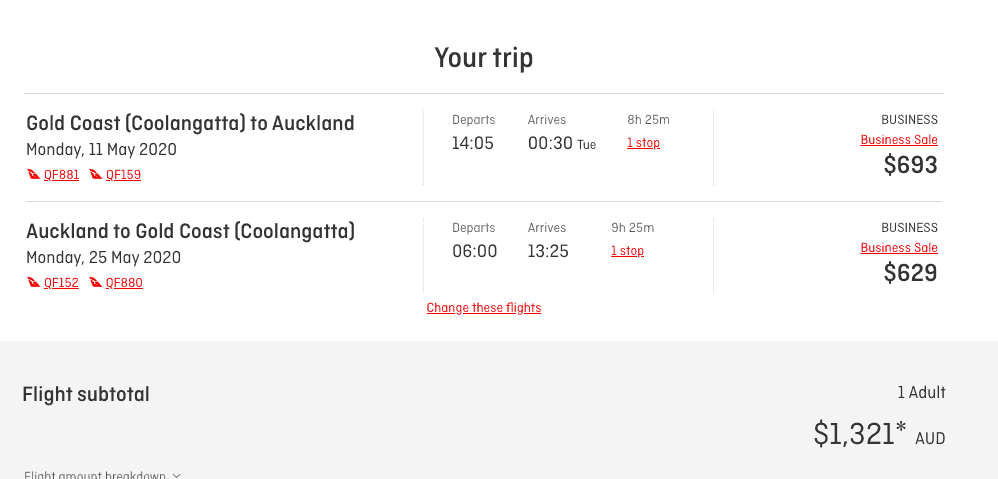 Qantas Business class booking from Gold Coast to Auckland on the Qantas website
