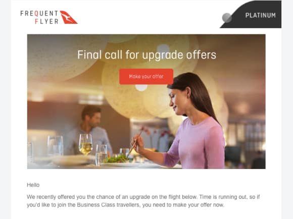 Qantas BidNow Upgrade email