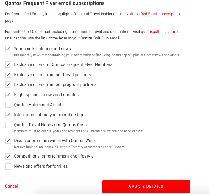 Opt out of emails on the Qantas website