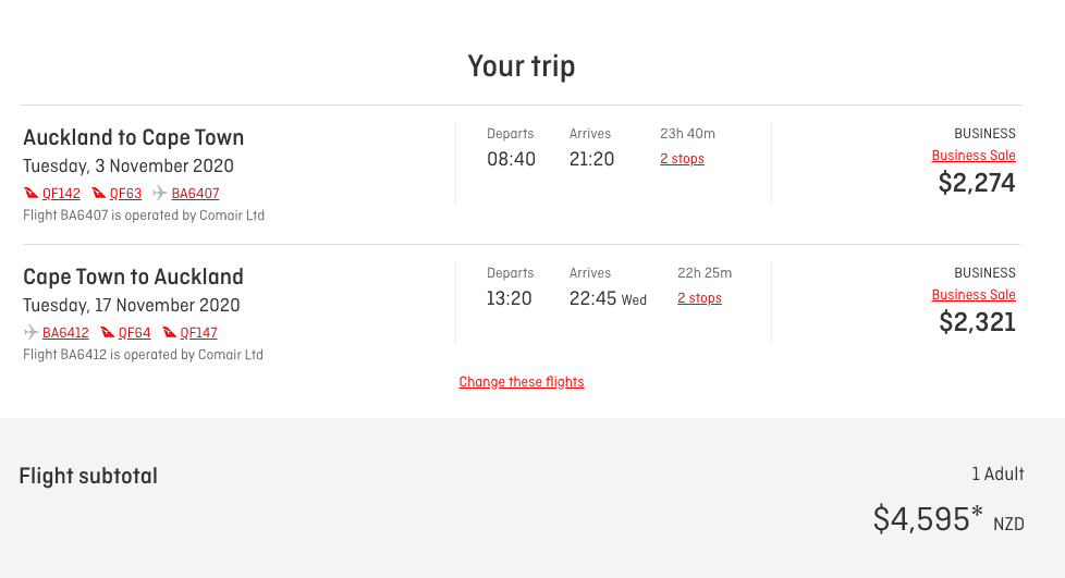 Qantas Business class booking from Auckland to Cape Town on the Qantas website