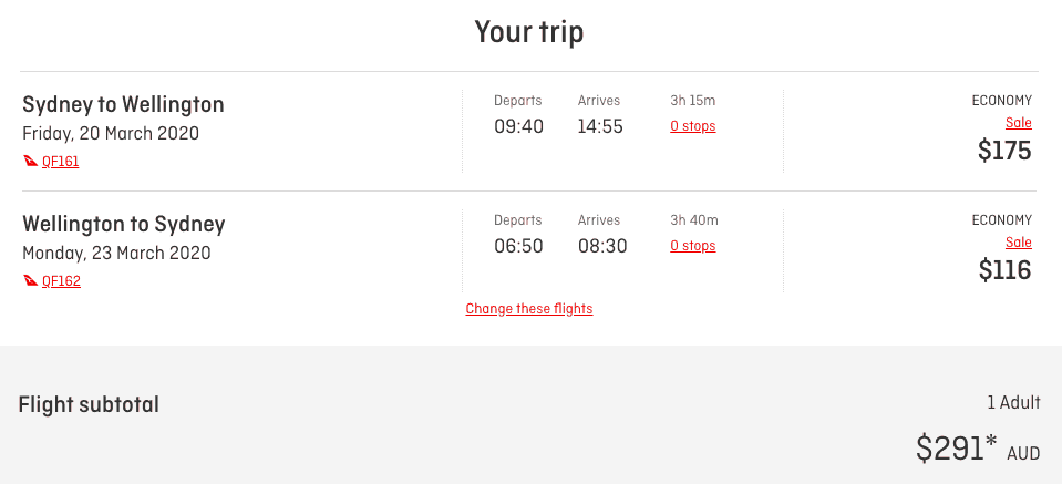 Cheap flights from Sydney to Wellington on the Qantas website