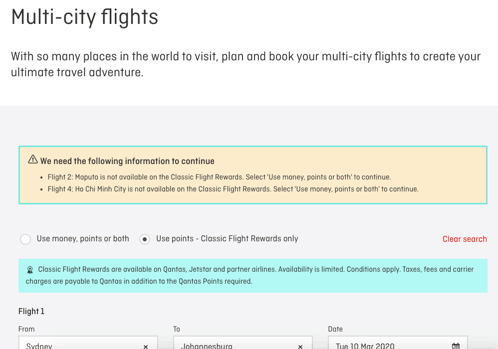 Qantas multi-city booking error message